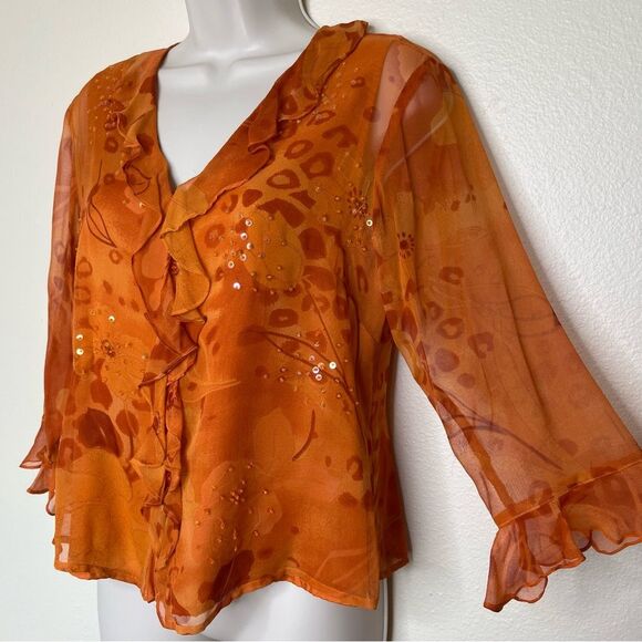 New York City Design Co Silk Floral Ruffle Sequin Pumpkin Top Women Size Small - Picture 4 of 11